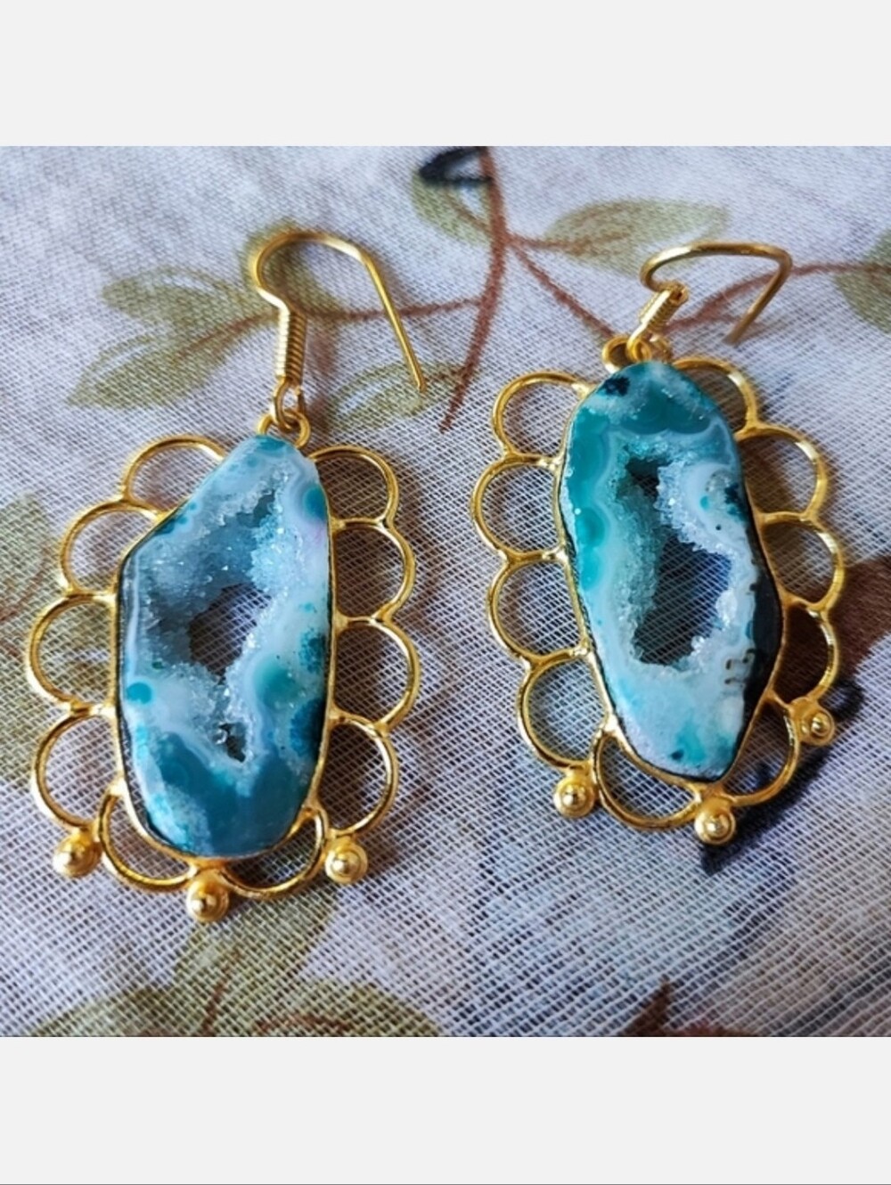 Blue Druzy Quartz Stone Geode Pierced Earrings Faux Gold Tone Plated Filigree